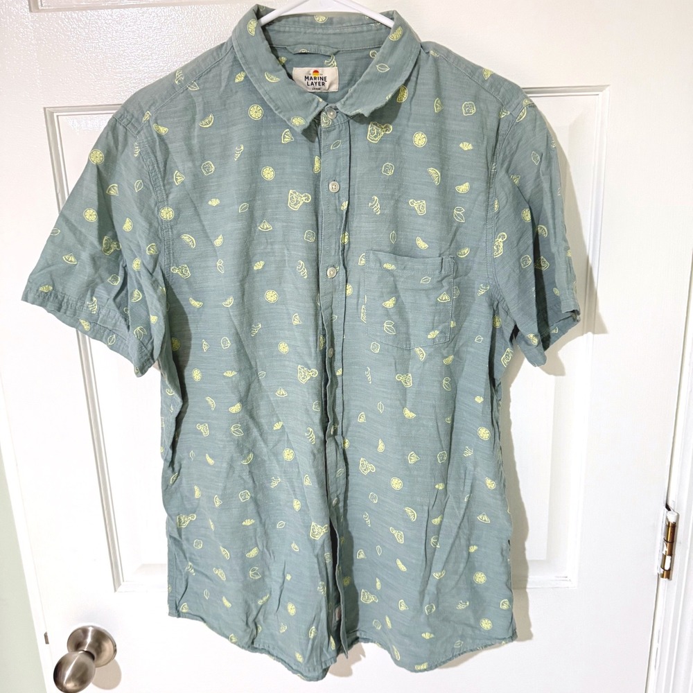 Marine Layer Mens Large Sage Green Citrus Fruit Print Cotton Button Down Shirt